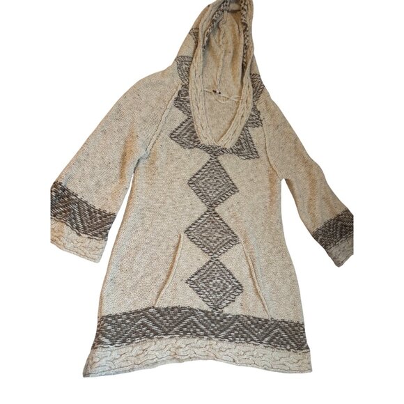 Free People Hooded Knit Sweater Size Small With Geometric Pattern Beige/Brown - Picture 2 of 10